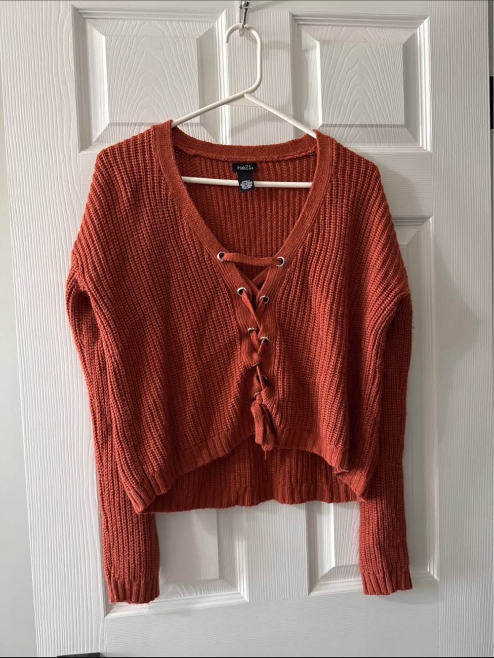 Rue21 Rust Lace-Up V-Neck Cropped Knit Sweater